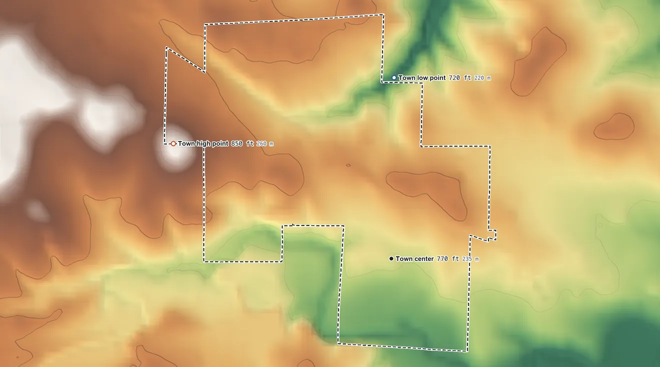 Topographic elevation map of Sanctuary, Texas, shaded from 720 ft on the north side to 850 ft on the northwest side