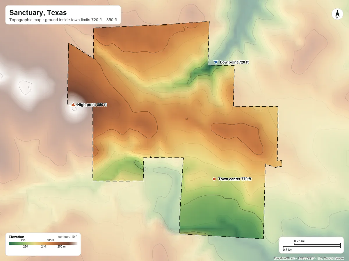 Topographic elevation map of Sanctuary, Texas, shaded from 720 ft on the north side to 850 ft on the northwest side