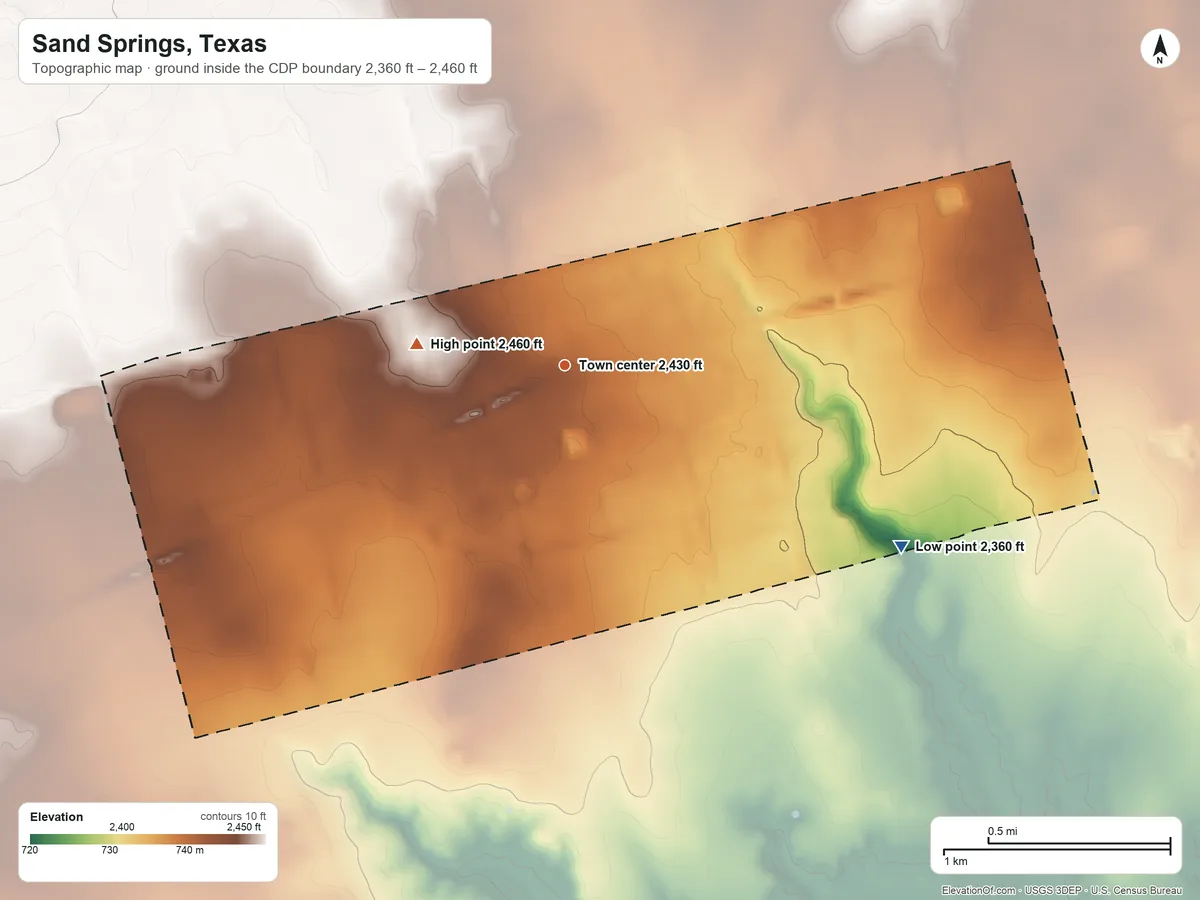 Topographic elevation map of Sand Springs, Texas, shaded from 2,360 ft on the southeast side to 2,460 ft on the west side