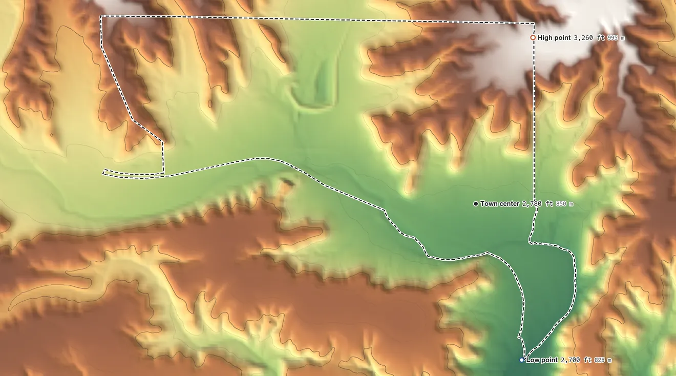 Topographic elevation map of Sanderson, Texas, shaded from 2,700 ft on the south side to 3,260 ft on the north side