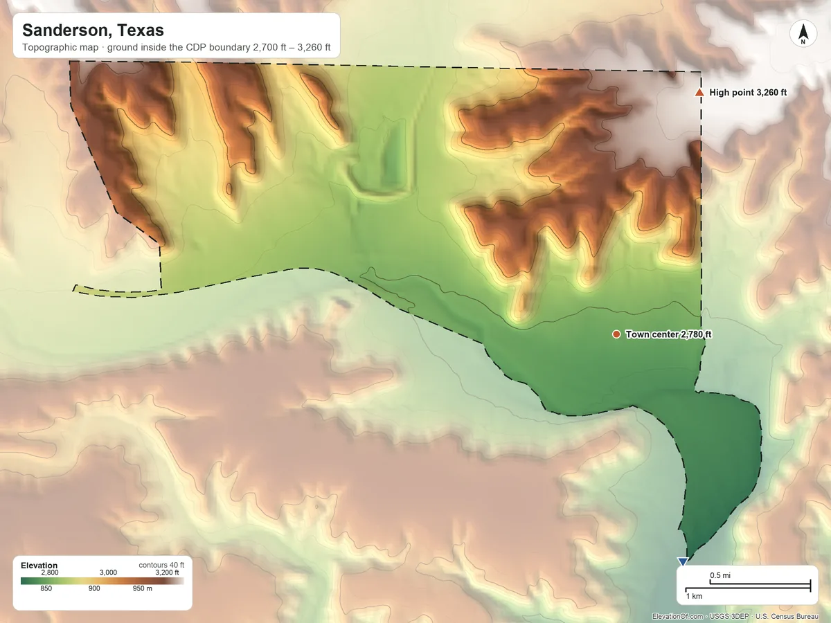 Topographic elevation map of Sanderson, Texas, shaded from 2,700 ft on the south side to 3,260 ft on the north side