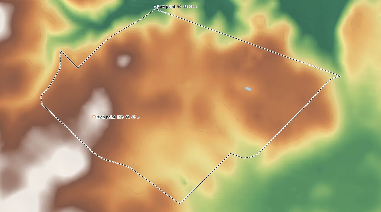 Topographic elevation map of Sandia, Texas, shaded from 90 ft on the northeast side to 150 ft near the middle