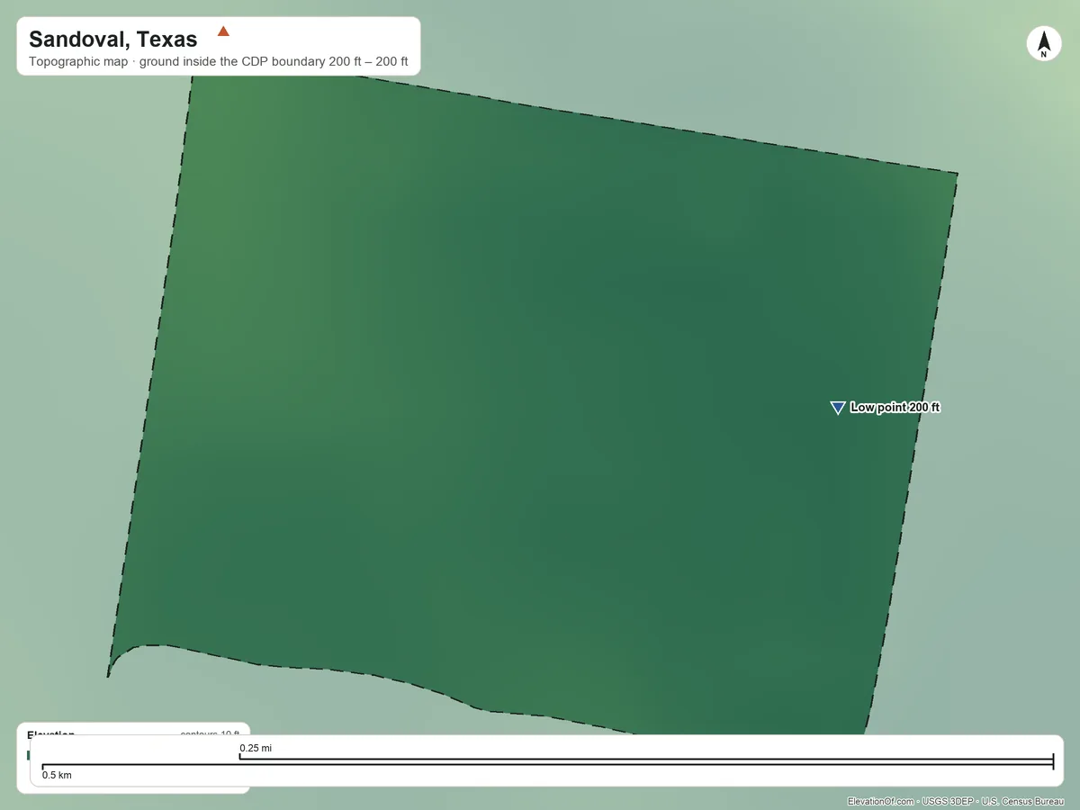 Topographic elevation map of Sandoval, Texas, shaded from 200 ft on the east side to 200 ft on the northwest side