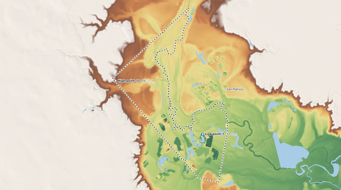 Topographic elevation map of Sandy Hollow-Escondidas, Texas, shaded from 8 ft near the middle to 88 ft on the northwest side