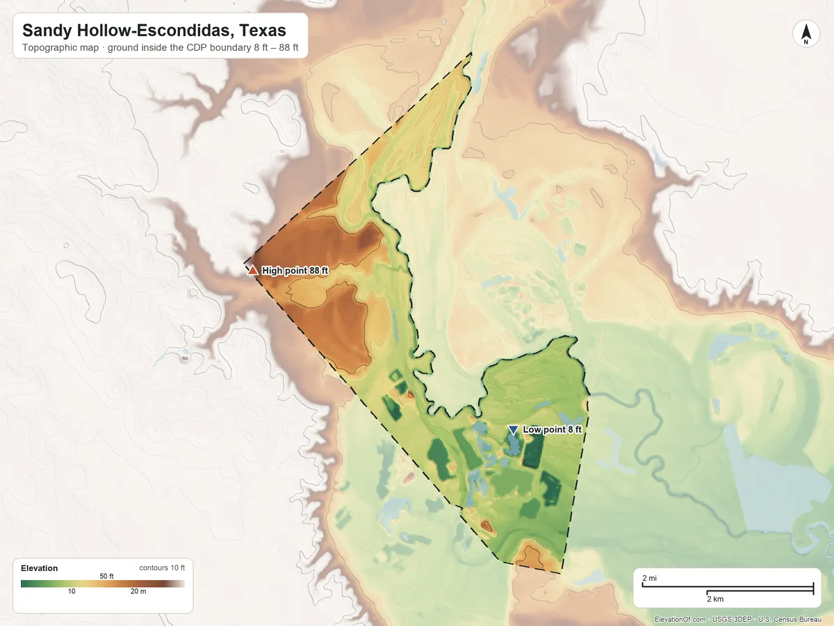 Topographic elevation map of Sandy Hollow-Escondidas, Texas, shaded from 8 ft near the middle to 88 ft on the northwest side