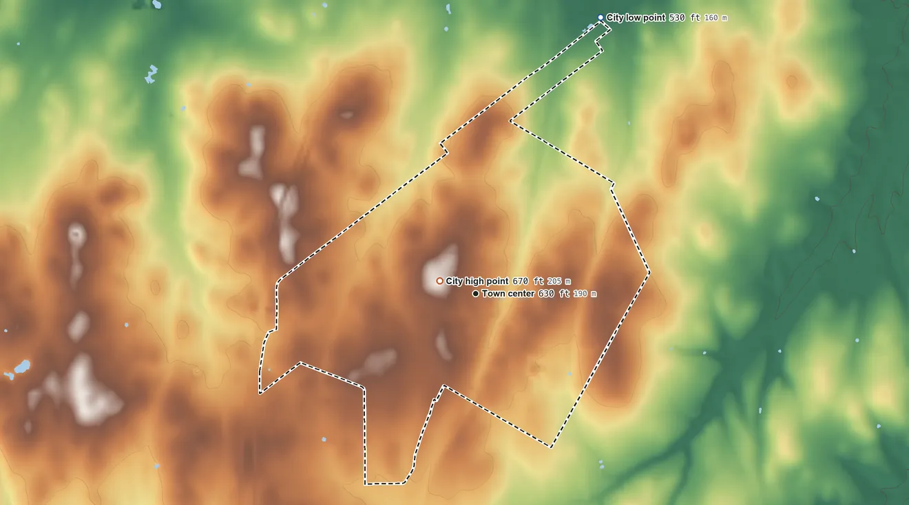 Topographic elevation map of Sandy Oaks, Texas, shaded from 530 ft on the northeast side to 670 ft near the middle
