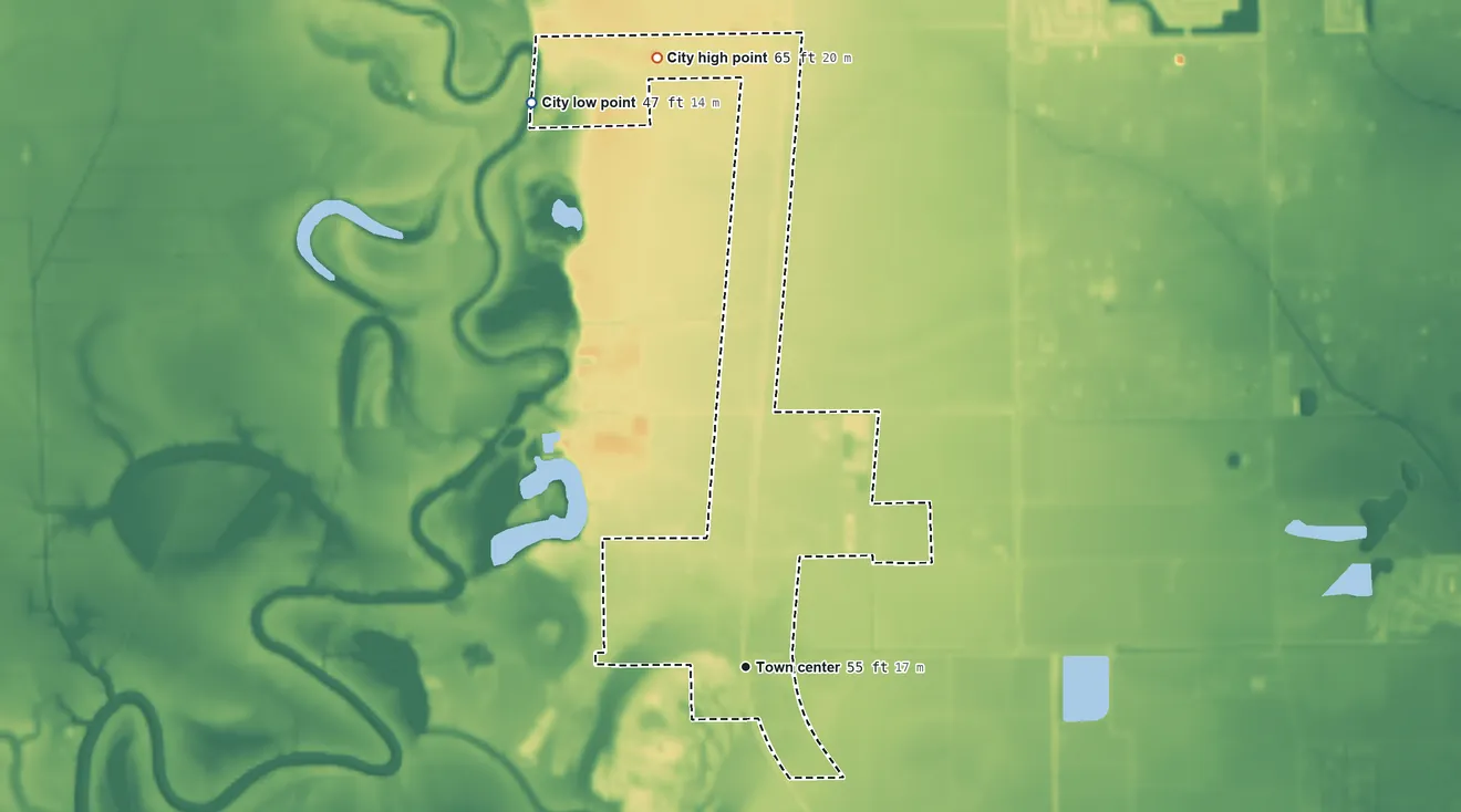 Topographic elevation map of Sandy Point, Texas, shaded from 47 ft on the north side to 65 ft on the north side