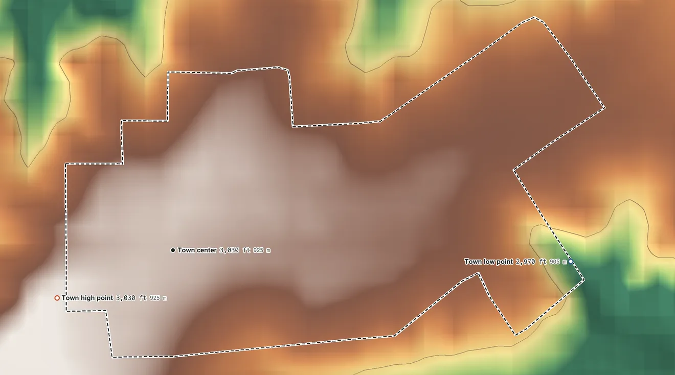 Topographic elevation map of Sanford, Texas, shaded from 2,970 ft on the east side to 3,030 ft on the west side