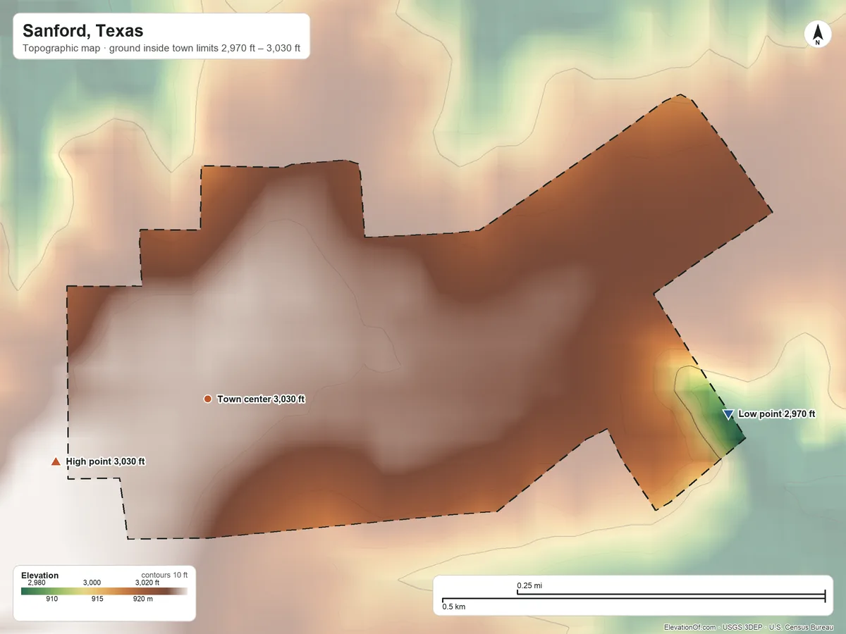 Topographic elevation map of Sanford, Texas, shaded from 2,970 ft on the east side to 3,030 ft on the west side