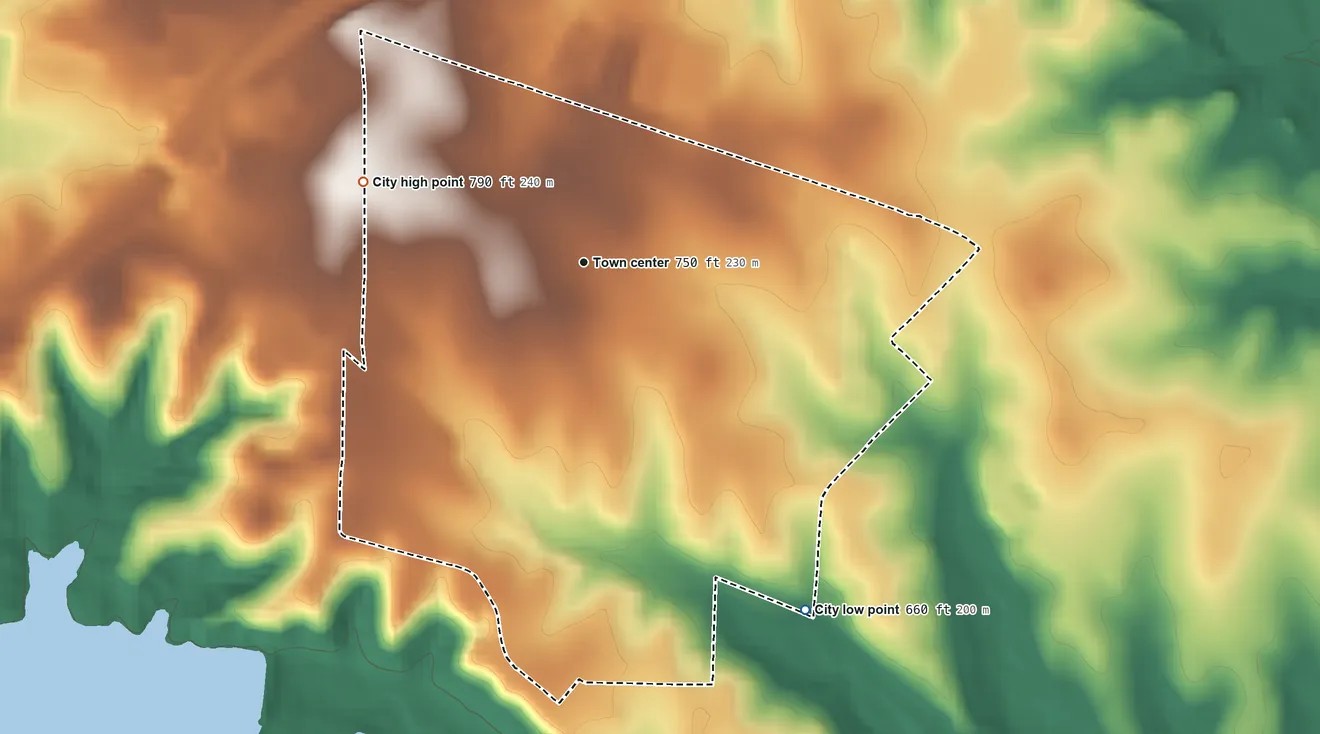 Topographic elevation map of Sansom Park, Texas, shaded from 660 ft on the southeast side to 790 ft on the west side