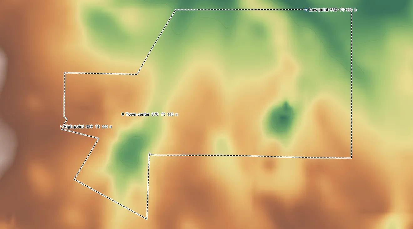 Topographic elevation map of Santa Anna, Starr County, Texas, shaded from 350 ft on the northeast side to 380 ft on the west side