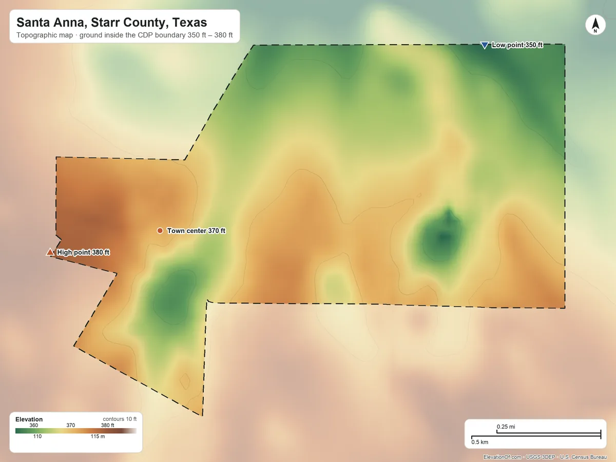 Topographic elevation map of Santa Anna, Starr County, Texas, shaded from 350 ft on the northeast side to 380 ft on the west side