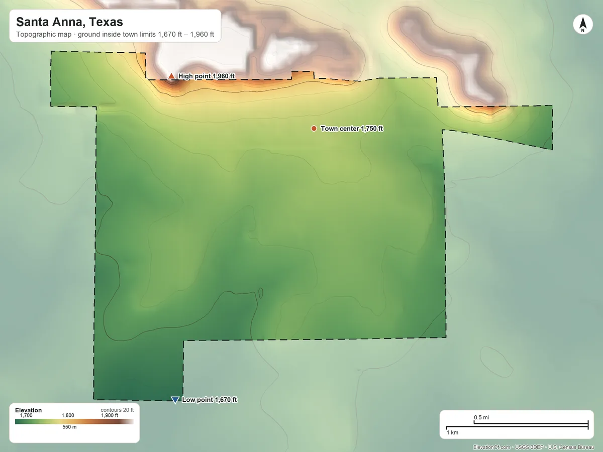 Topographic elevation map of Santa Anna, Texas, shaded from 1,670 ft on the southwest side to 1,960 ft on the west side
