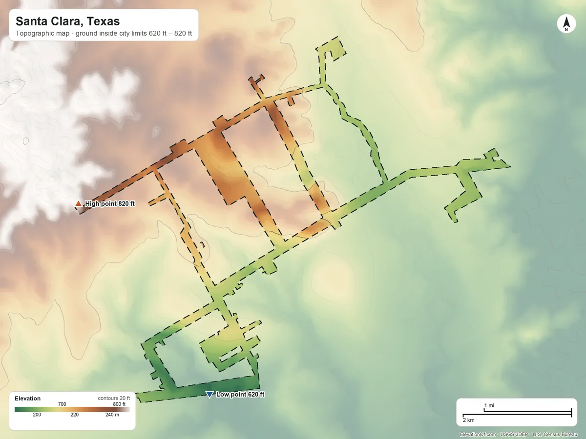 Topographic elevation map of Santa Clara, Texas, shaded from 620 ft on the southwest side to 820 ft on the west side