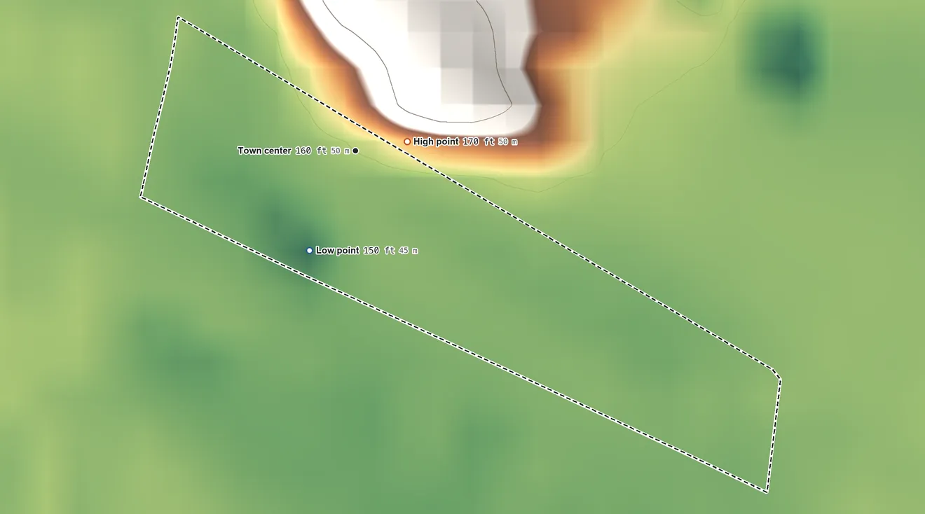 Topographic elevation map of Santa Cruz, Texas, shaded from 150 ft on the southwest side to 170 ft near the middle