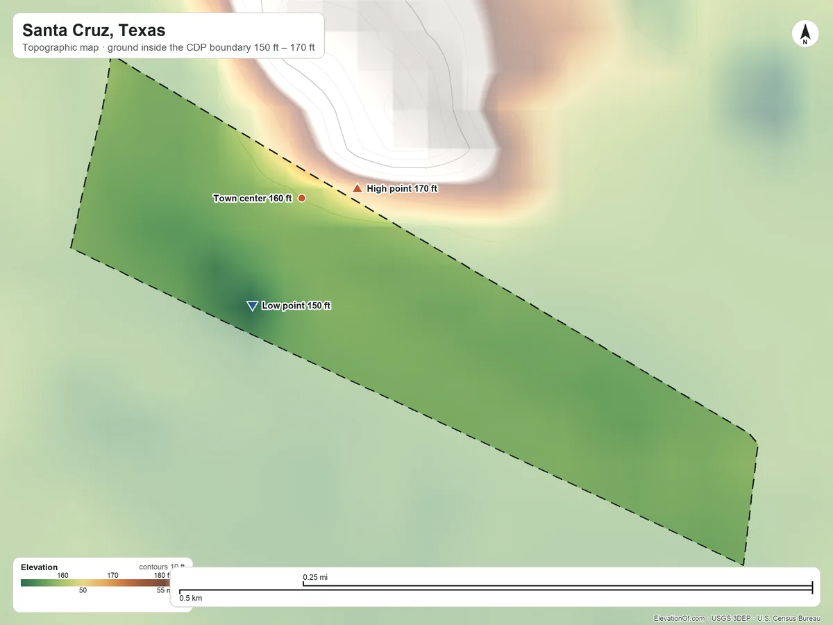 Topographic elevation map of Santa Cruz, Texas, shaded from 150 ft on the southwest side to 170 ft near the middle