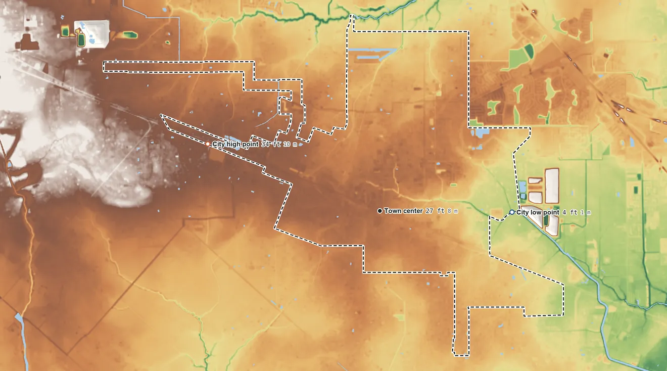 Topographic elevation map of Santa Fe, Texas, shaded from 4 ft on the east side to 34 ft on the west side