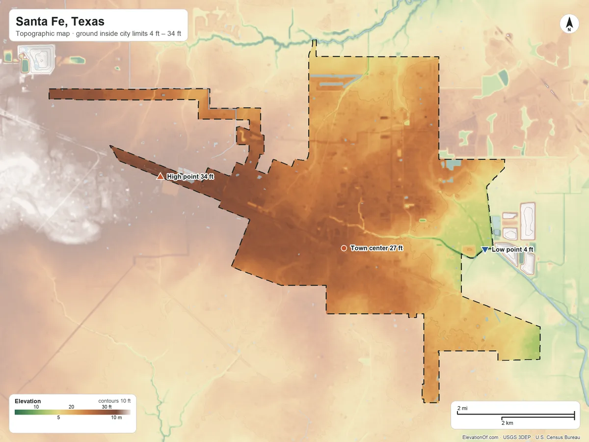 Topographic elevation map of Santa Fe, Texas, shaded from 4 ft on the east side to 34 ft on the west side