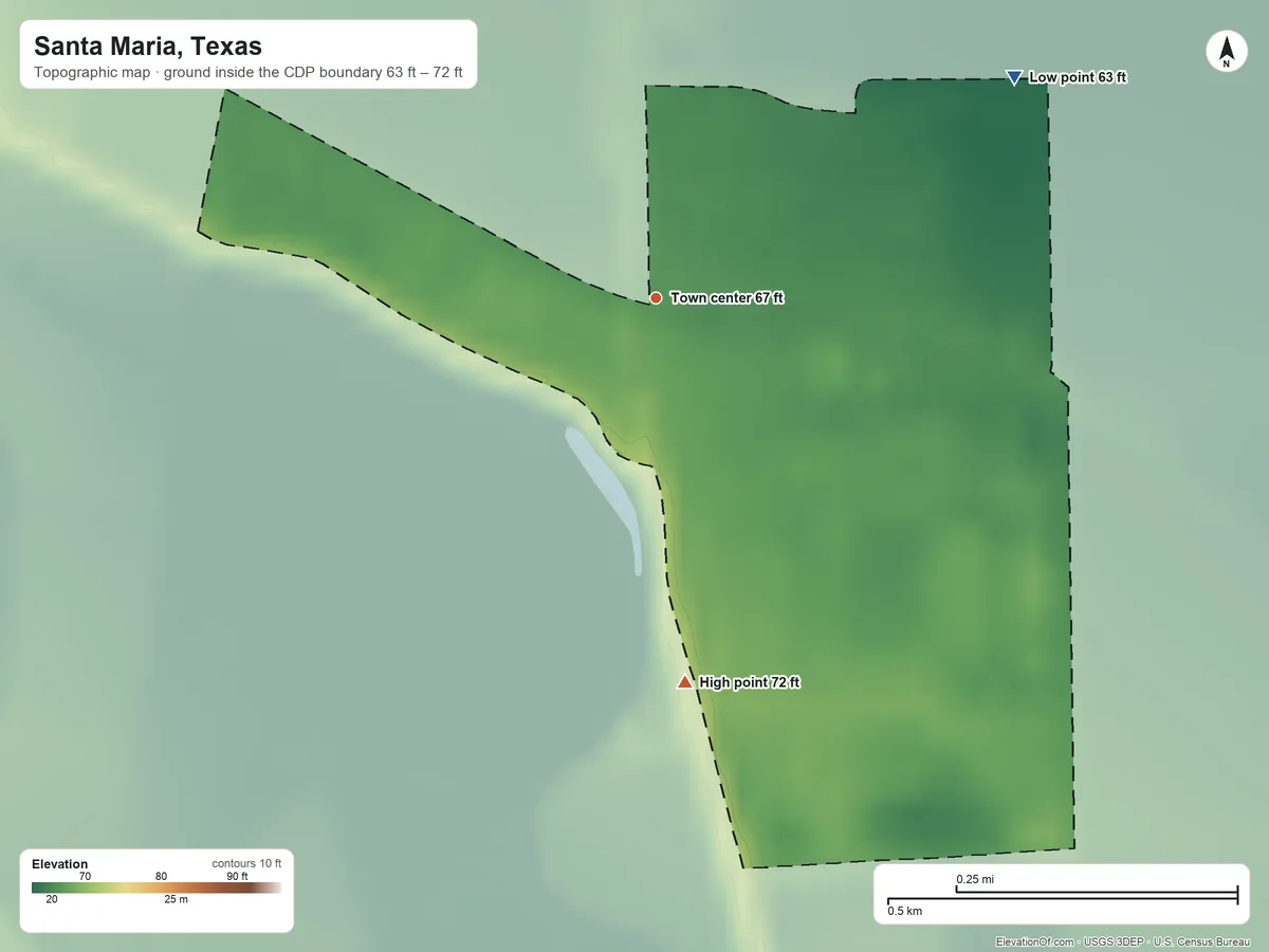 Topographic elevation map of Santa Maria, Texas, shaded from 63 ft on the northeast side to 72 ft on the south side