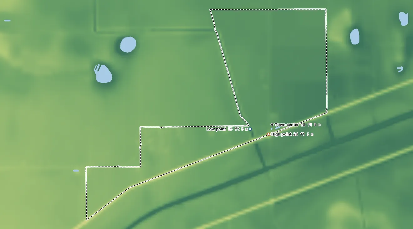 Topographic elevation map of Santa Monica, Texas, shaded from 15 ft near the middle to 24 ft near the middle