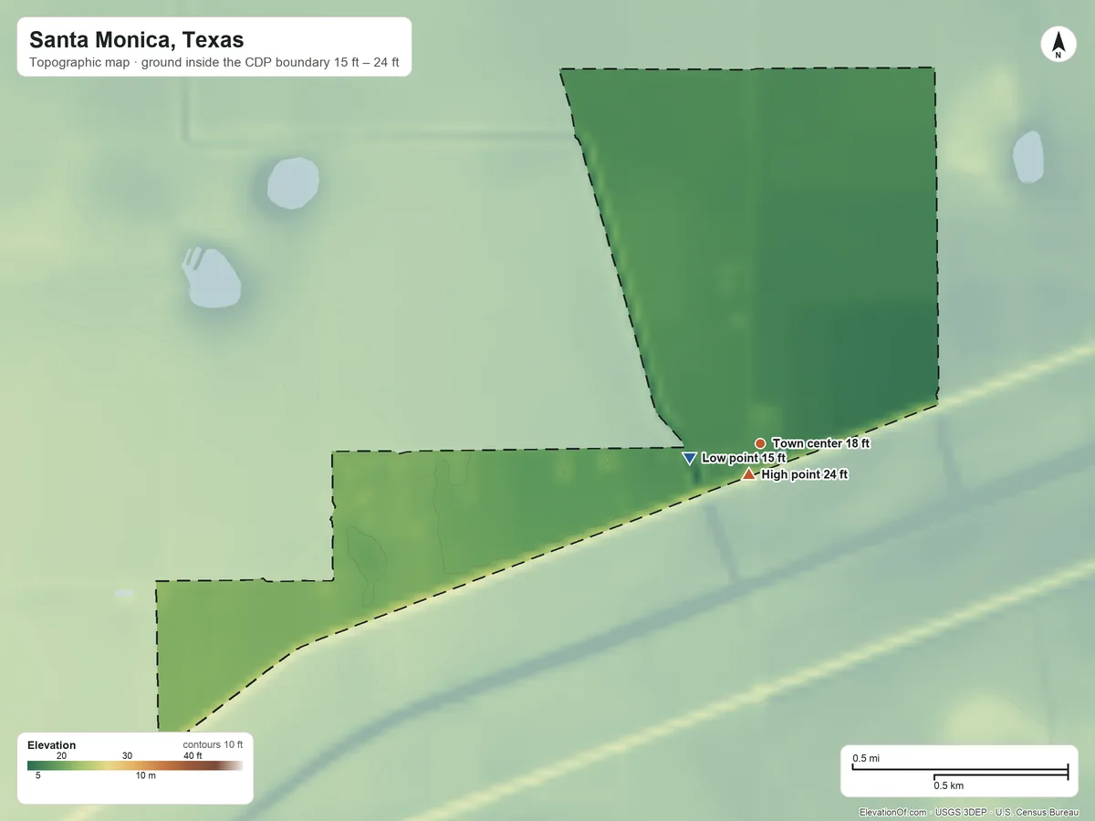 Topographic elevation map of Santa Monica, Texas, shaded from 15 ft near the middle to 24 ft near the middle