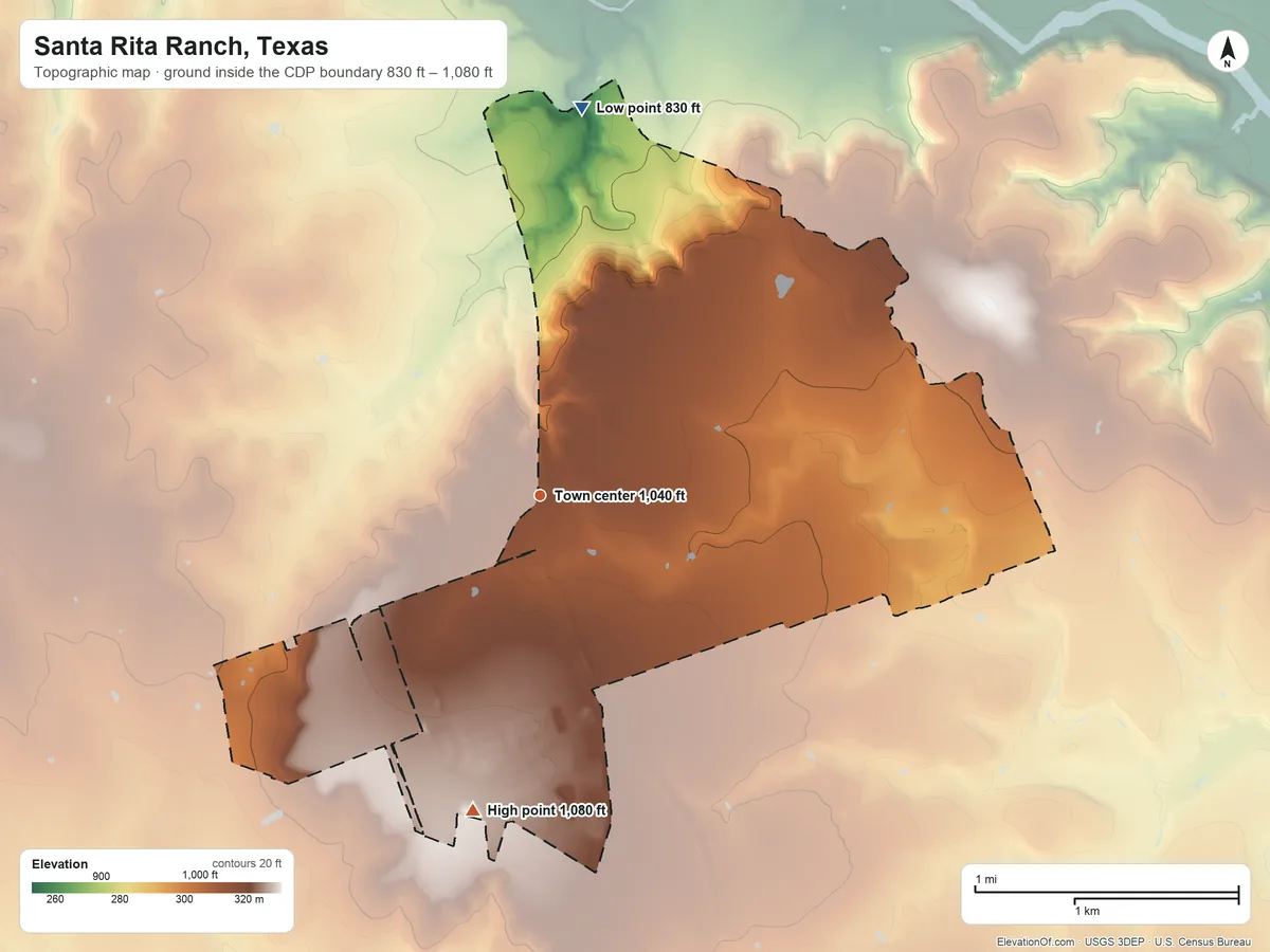 Topographic elevation map of Santa Rita Ranch, Texas, shaded from 830 ft on the north side to 1,080 ft on the south side