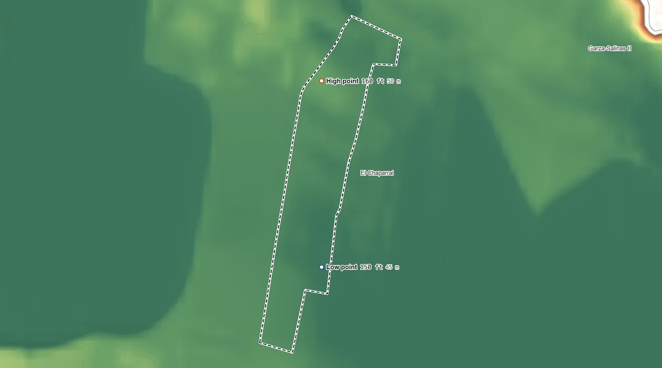 Topographic elevation map of Santa Rosa, Starr County, Texas, shaded from 150 ft on the south side to 160 ft on the north side