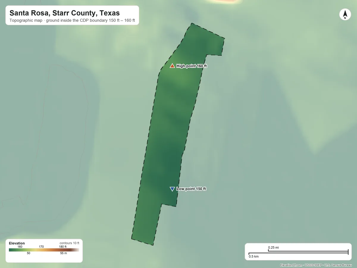 Topographic elevation map of Santa Rosa, Starr County, Texas, shaded from 150 ft on the south side to 160 ft on the north side