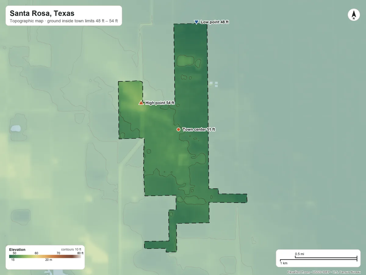Topographic elevation map of Santa Rosa, Texas, shaded from 48 ft on the north side to 54 ft on the northwest side