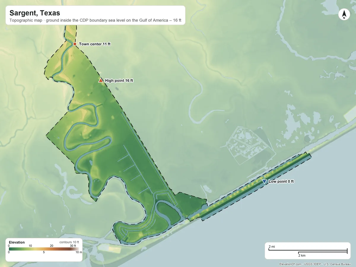 Topographic elevation map of Sargent, Texas, shaded from sea level level on the Gulf of America to 16 ft on the southeast side