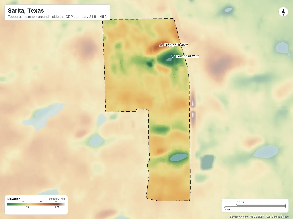 Topographic elevation map of Sarita, Texas, shaded from 21 ft on the north side to 45 ft on the north side