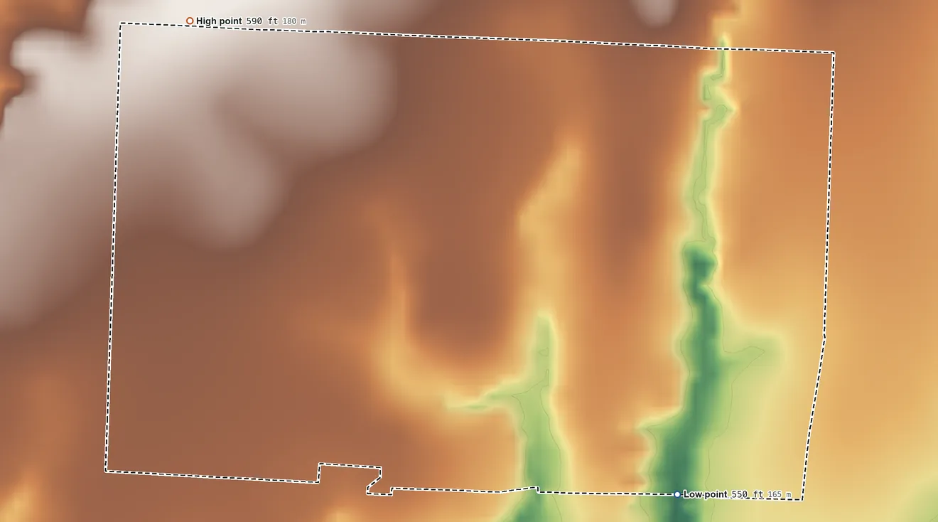 Topographic elevation map of Savannah, Texas, shaded from 550 ft on the southeast side to 590 ft on the northwest side