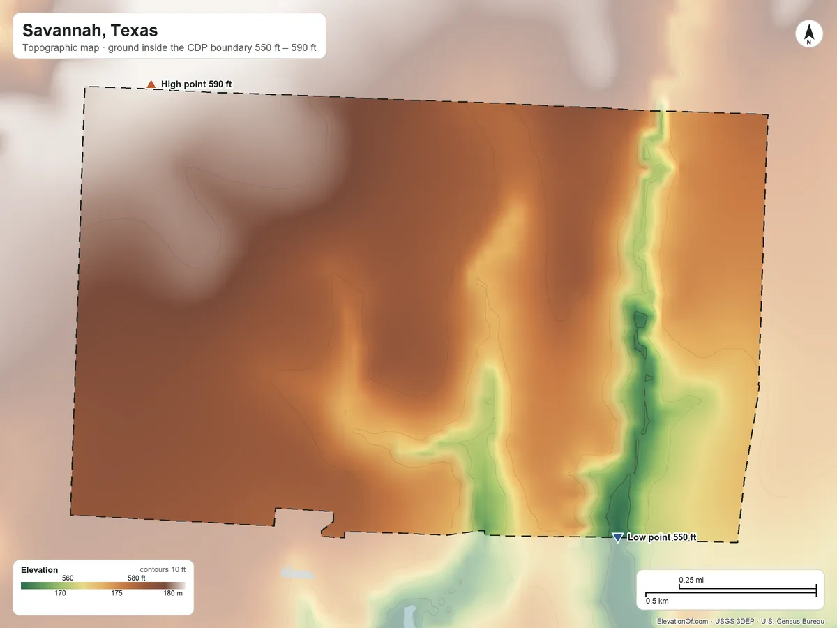 Topographic elevation map of Savannah, Texas, shaded from 550 ft on the southeast side to 590 ft on the northwest side