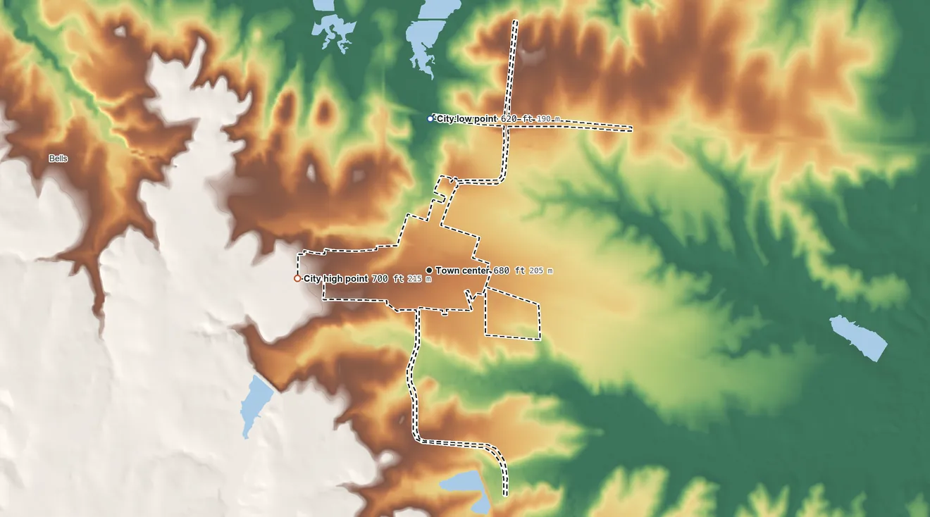 Topographic elevation map of Savoy, Texas, shaded from 620 ft on the north side to 700 ft on the west side