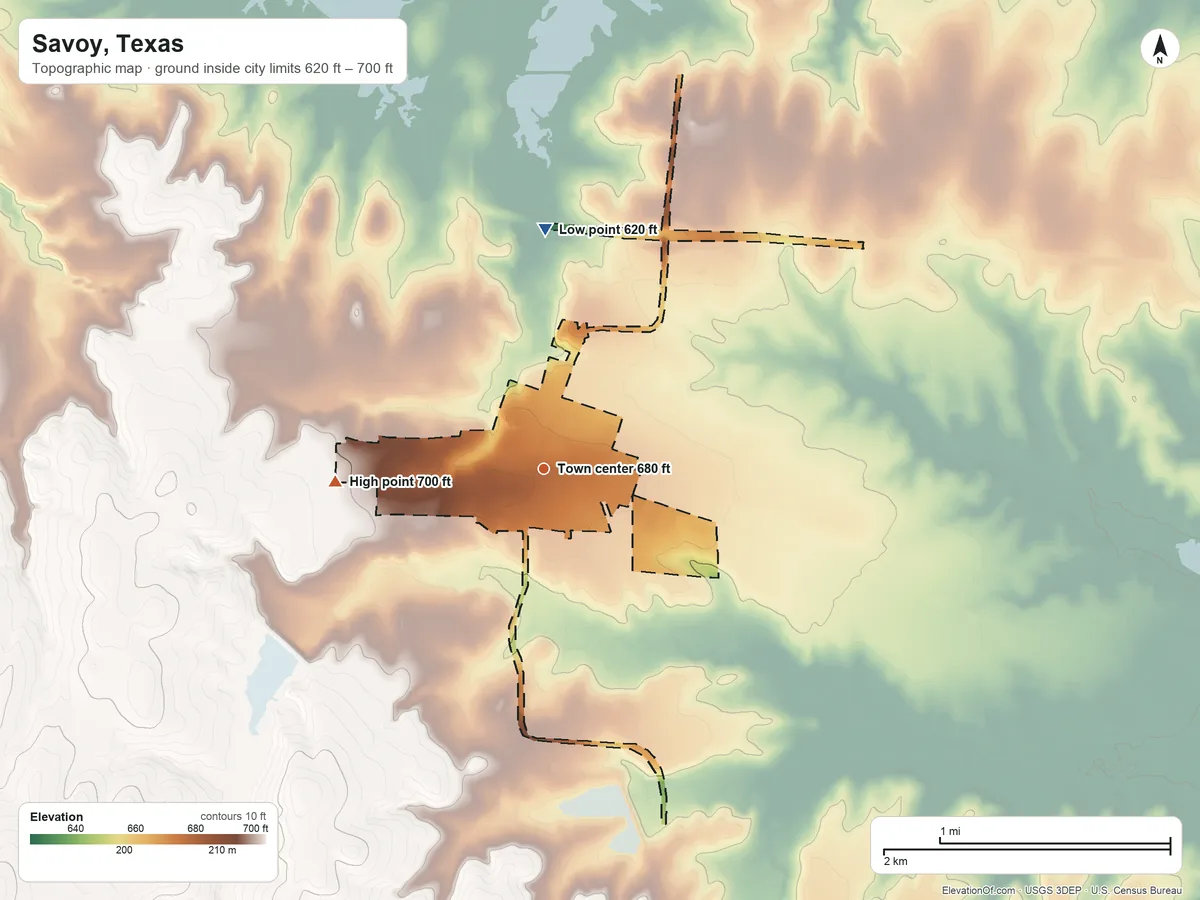 Topographic elevation map of Savoy, Texas, shaded from 620 ft on the north side to 700 ft on the west side