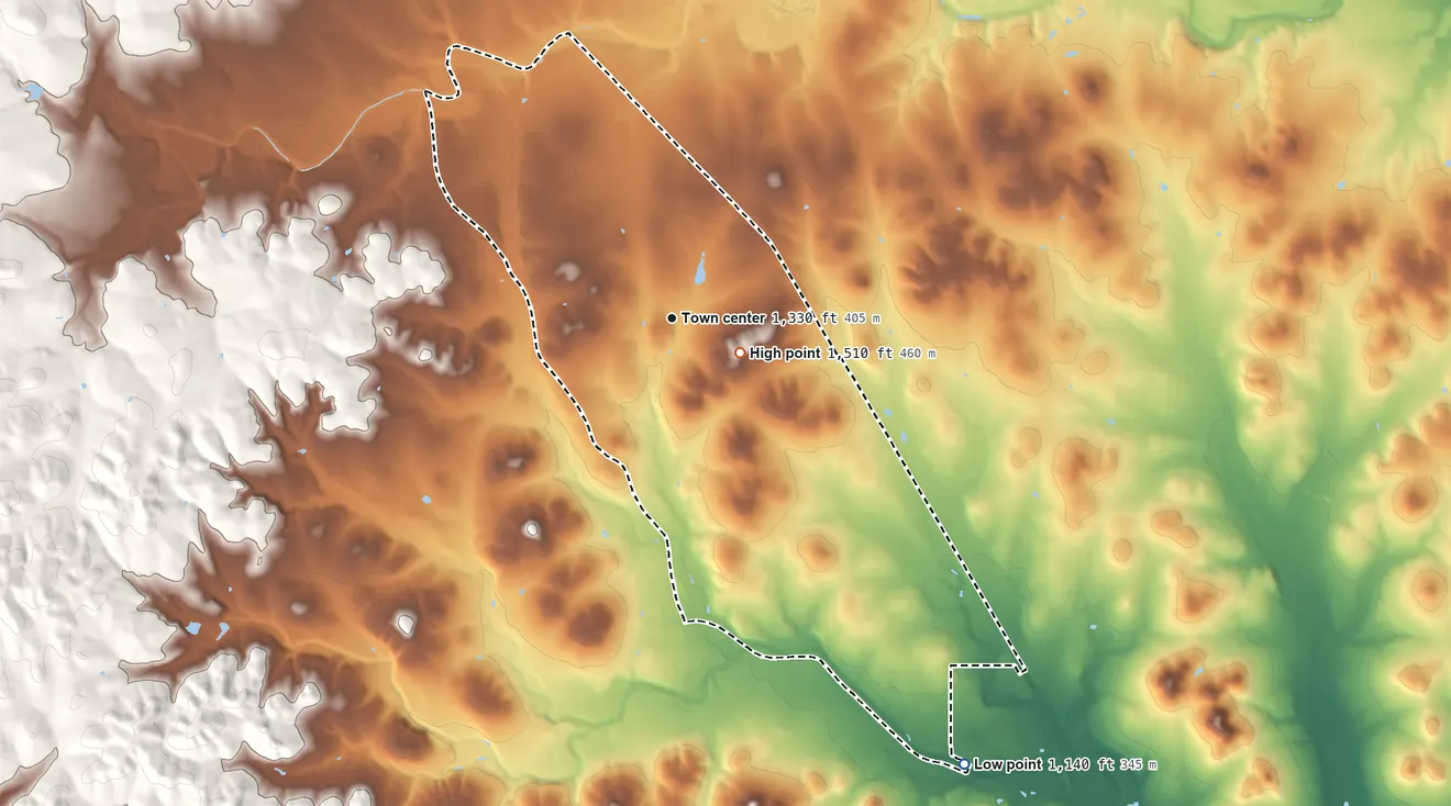 Topographic elevation map of Scenic Oaks, Texas, shaded from 1,140 ft on the southeast side to 1,510 ft near the middle
