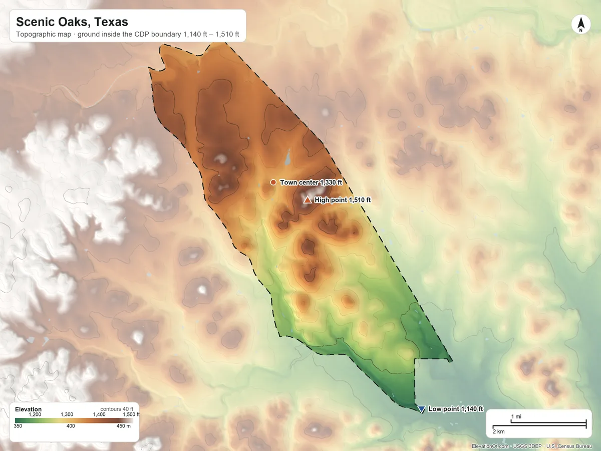 Topographic elevation map of Scenic Oaks, Texas, shaded from 1,140 ft on the southeast side to 1,510 ft near the middle