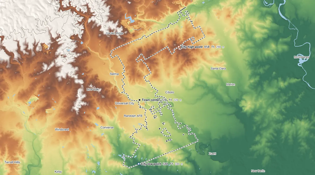 Topographic elevation map of Schertz, Texas, shaded from 580 ft on the south side to 950 ft on the northeast side