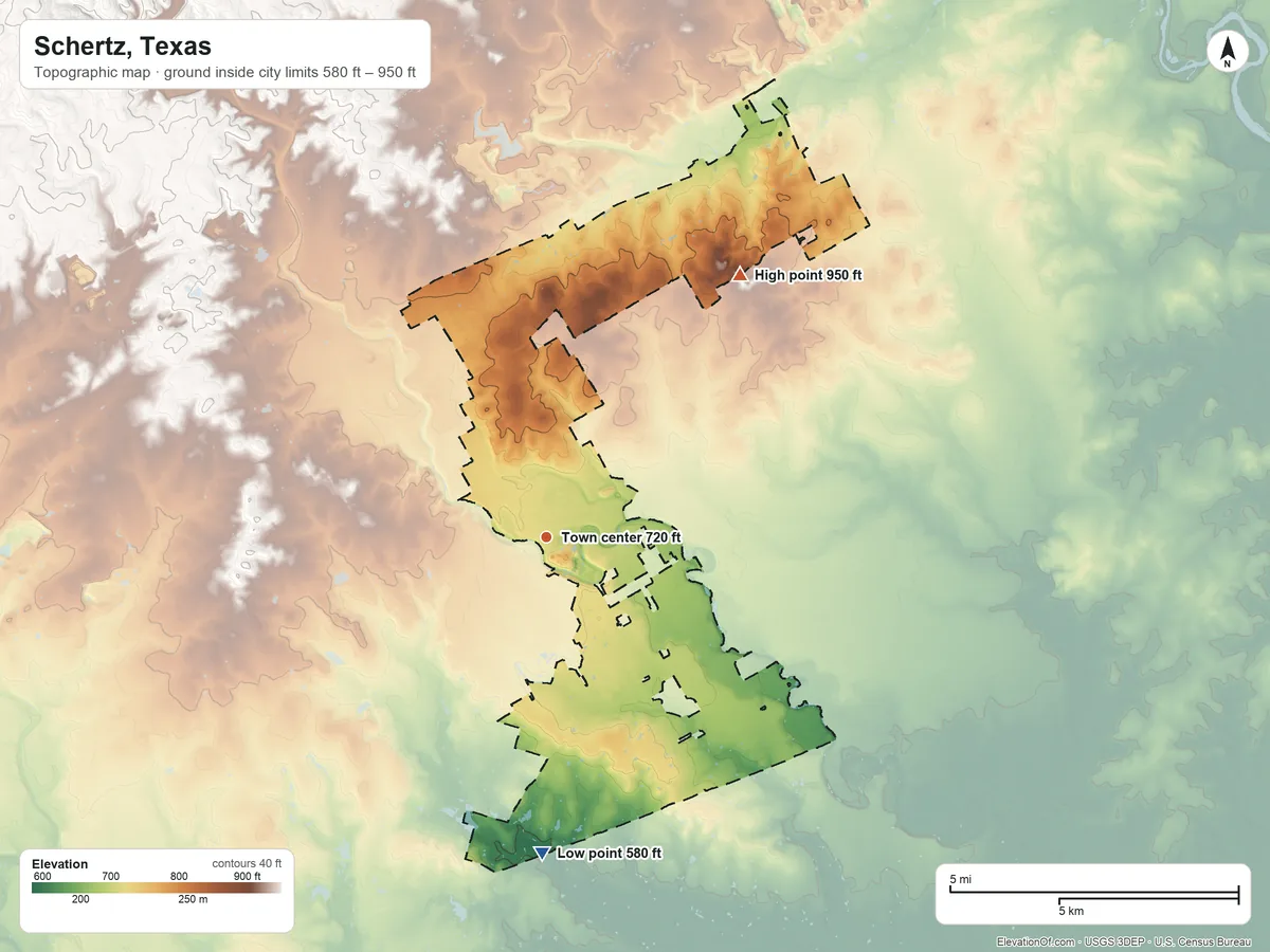 Topographic elevation map of Schertz, Texas, shaded from 580 ft on the south side to 950 ft on the northeast side