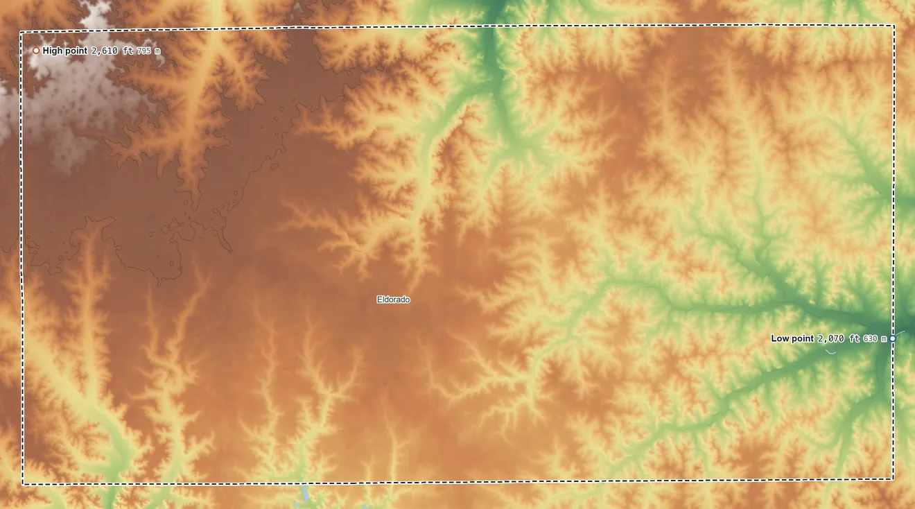 Topographic elevation map of Schleicher County, Texas, shaded from 2,070 ft on the east side to 2,610 ft on the northwest side