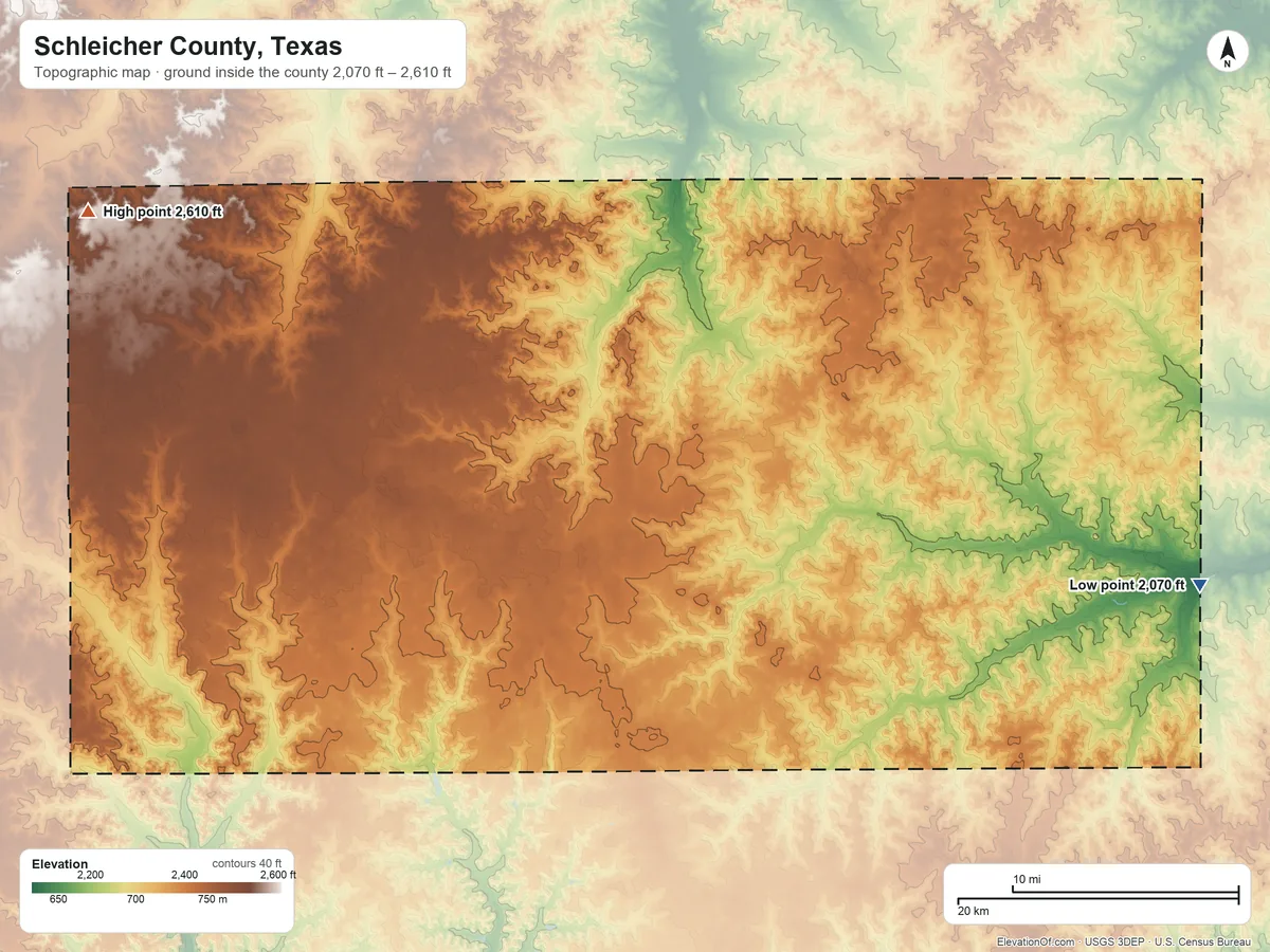 Topographic elevation map of Schleicher County, Texas, shaded from 2,070 ft on the east side to 2,610 ft on the northwest side