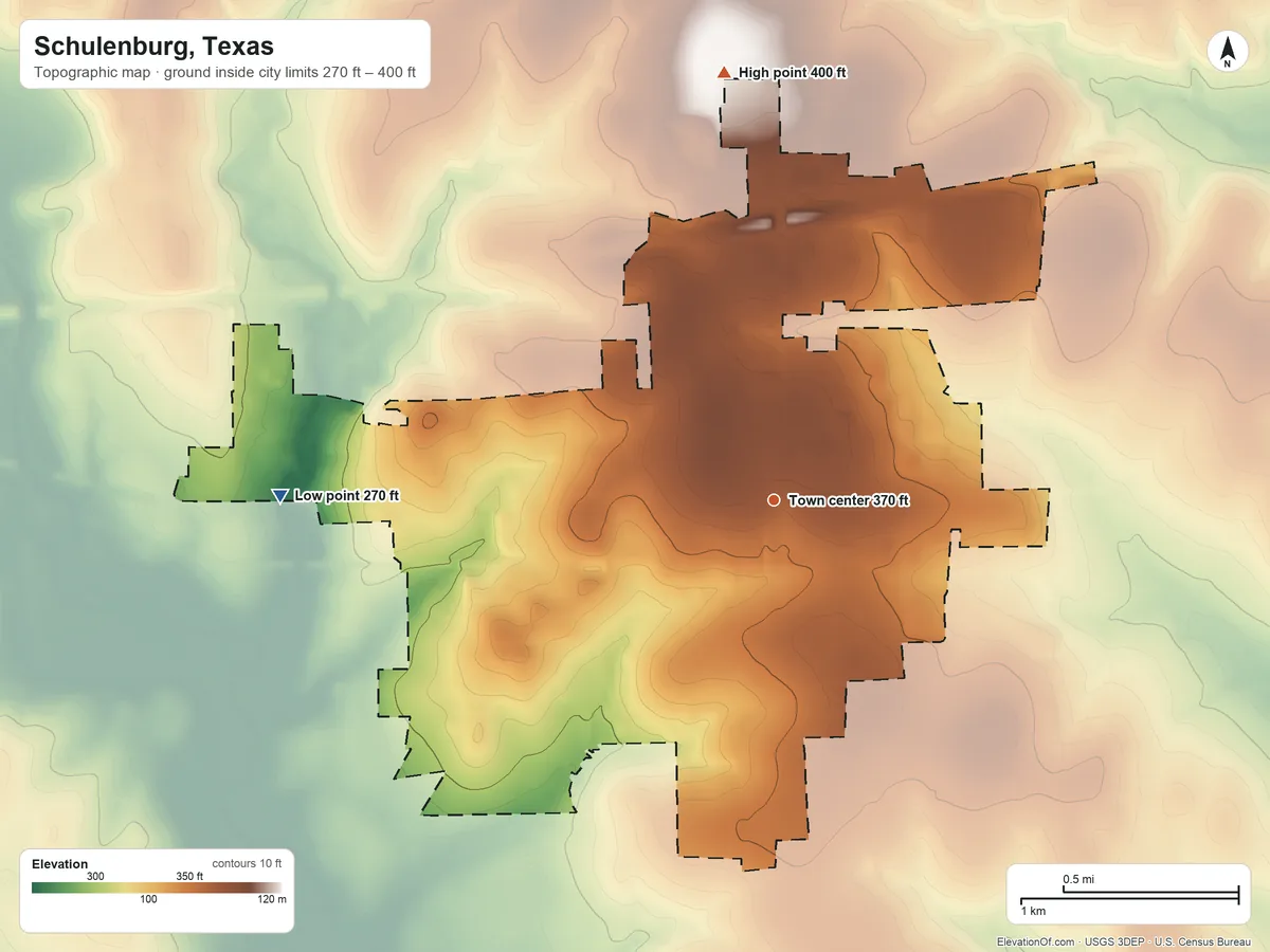 Topographic elevation map of Schulenburg, Texas, shaded from 270 ft on the west side to 400 ft on the north side