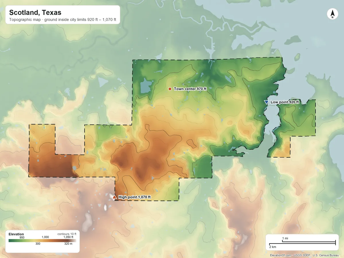 Topographic elevation map of Scotland, Texas, shaded from 920 ft on the east side to 1,070 ft on the southwest side