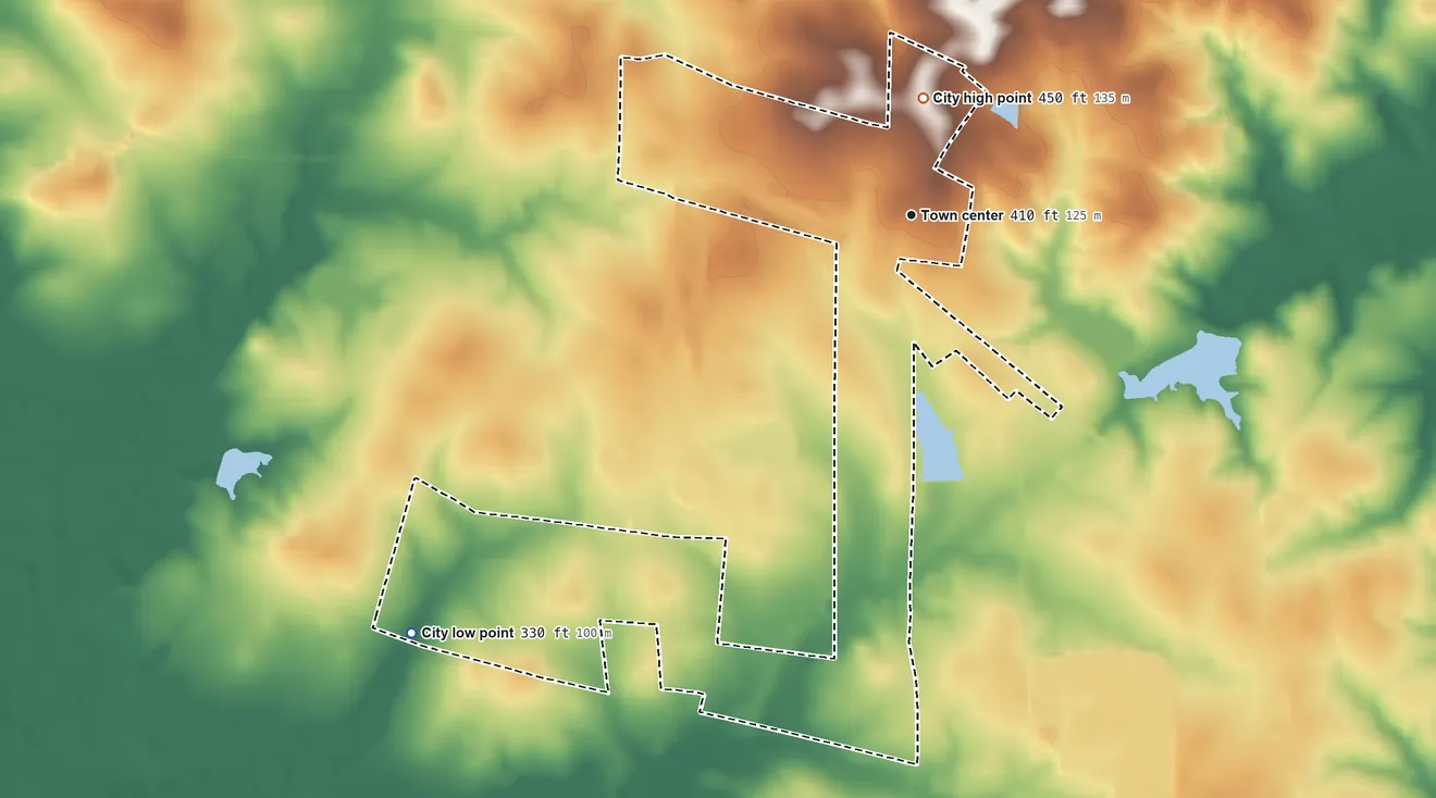 Topographic elevation map of Scottsville, Texas, shaded from 330 ft on the southwest side to 450 ft on the north side