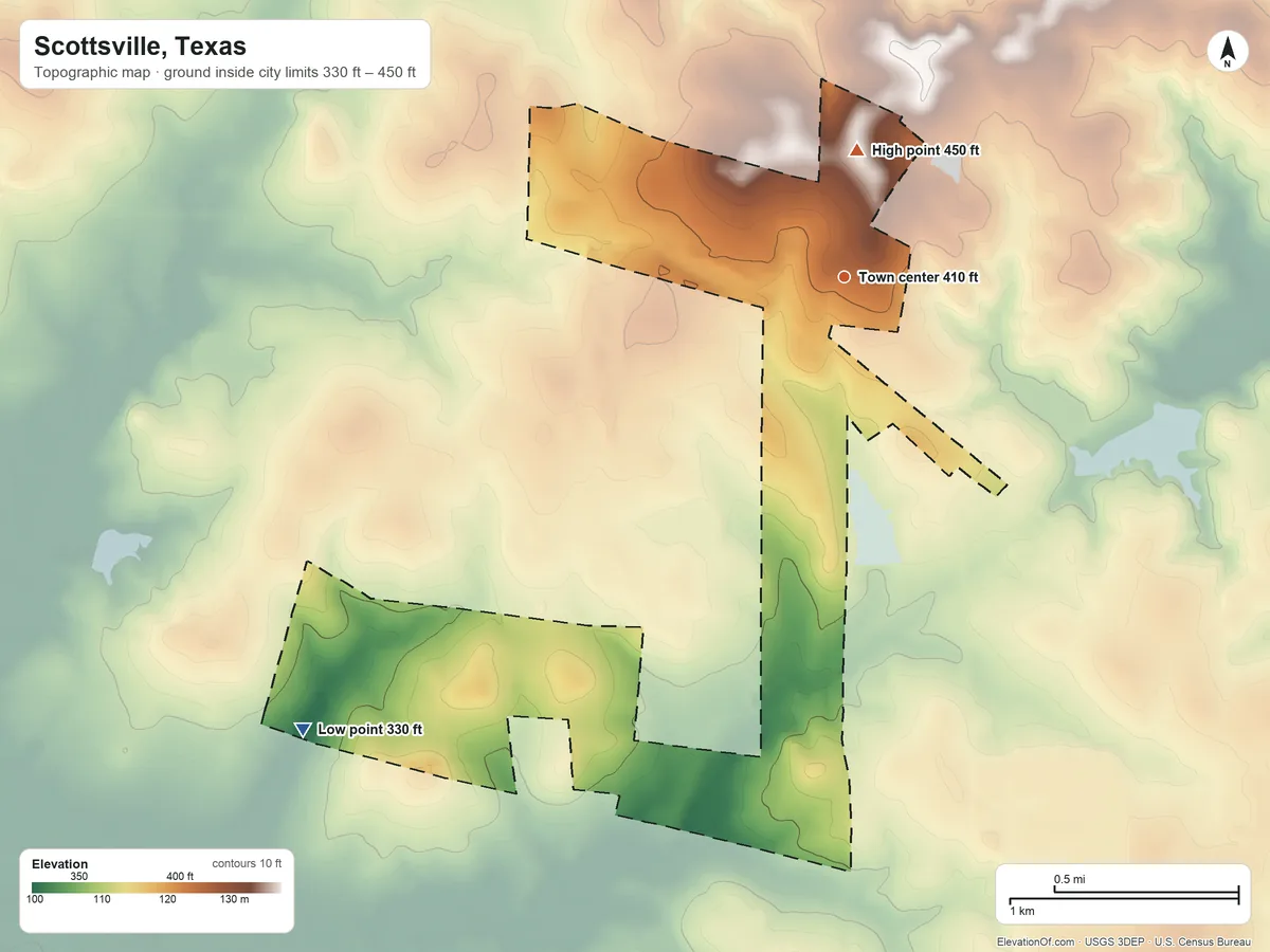 Topographic elevation map of Scottsville, Texas, shaded from 330 ft on the southwest side to 450 ft on the north side