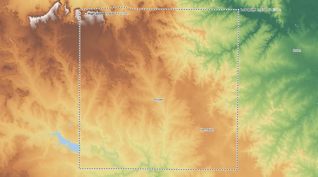 Topographic elevation map of Scurry County, Texas, shaded from 1,870 ft on the northeast side to 2,860 ft on the northwest side