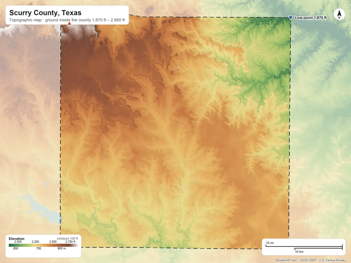 Topographic elevation map of Scurry County, Texas, shaded from 1,870 ft on the northeast side to 2,860 ft on the northwest side