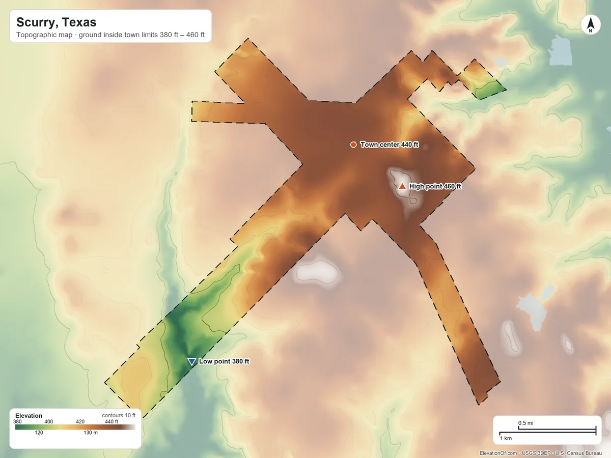 Topographic elevation map of Scurry, Texas, shaded from 380 ft on the southwest side to 460 ft on the southeast side
