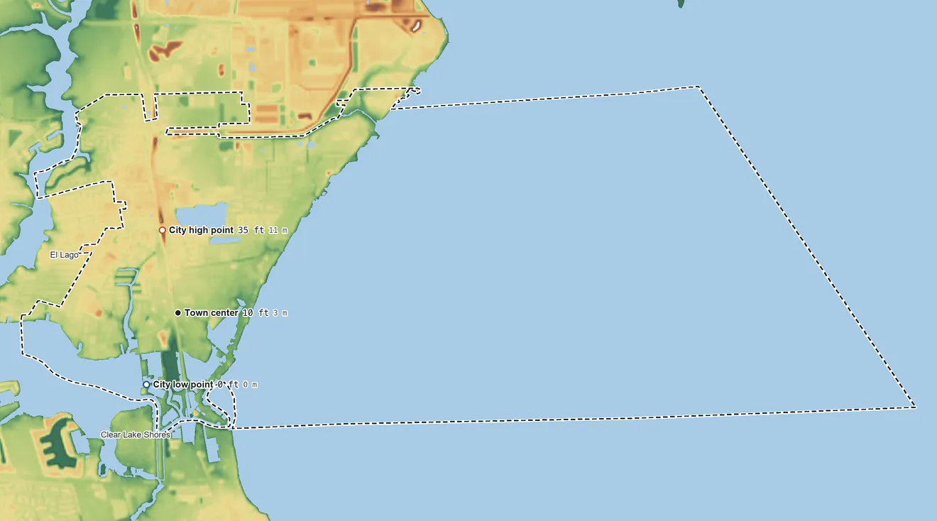 Topographic elevation map of Seabrook, Texas, shaded from sea level level on Galveston Bay to 35 ft near the middle