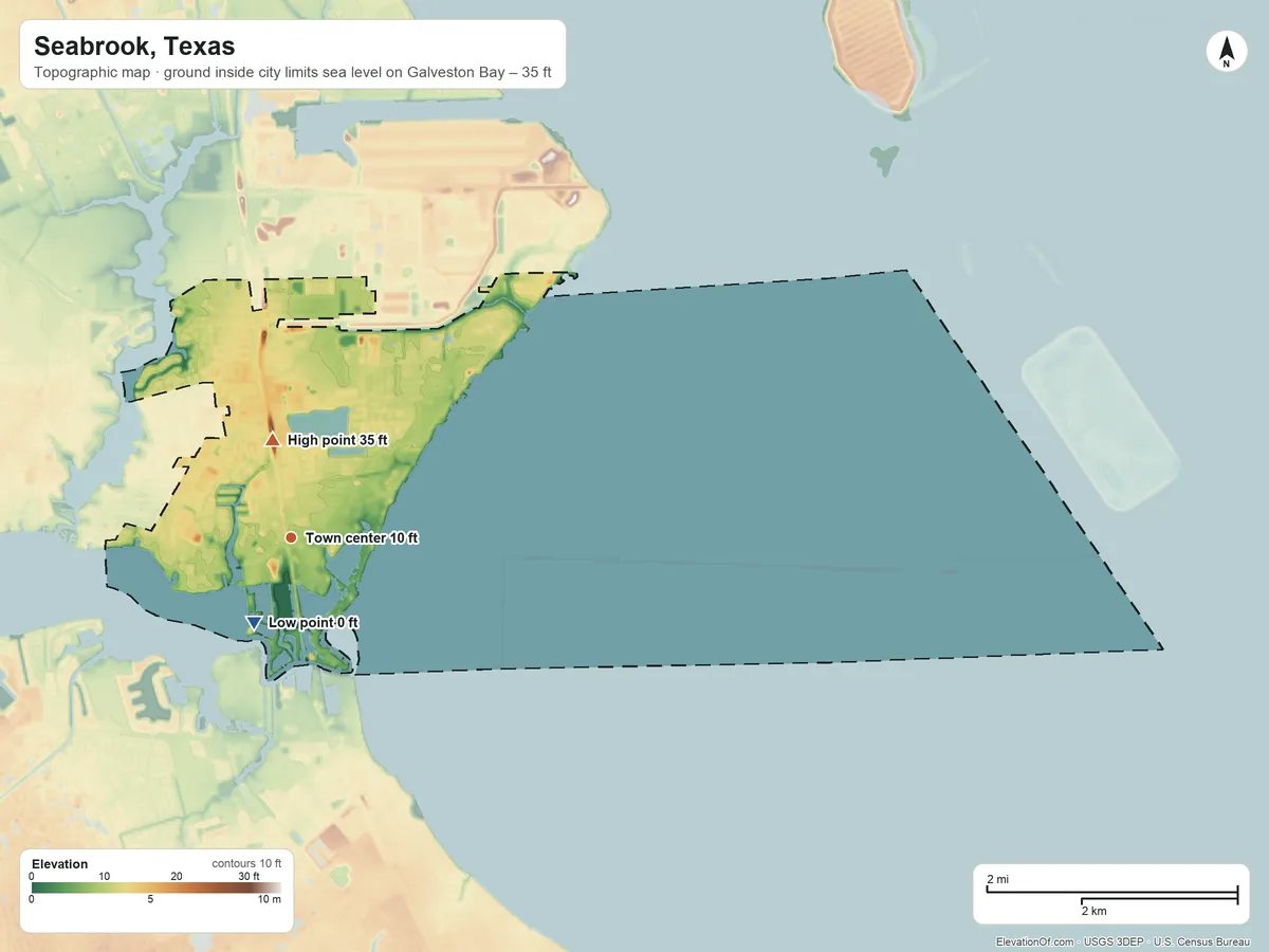 Topographic elevation map of Seabrook, Texas, shaded from sea level level on Galveston Bay to 35 ft near the middle
